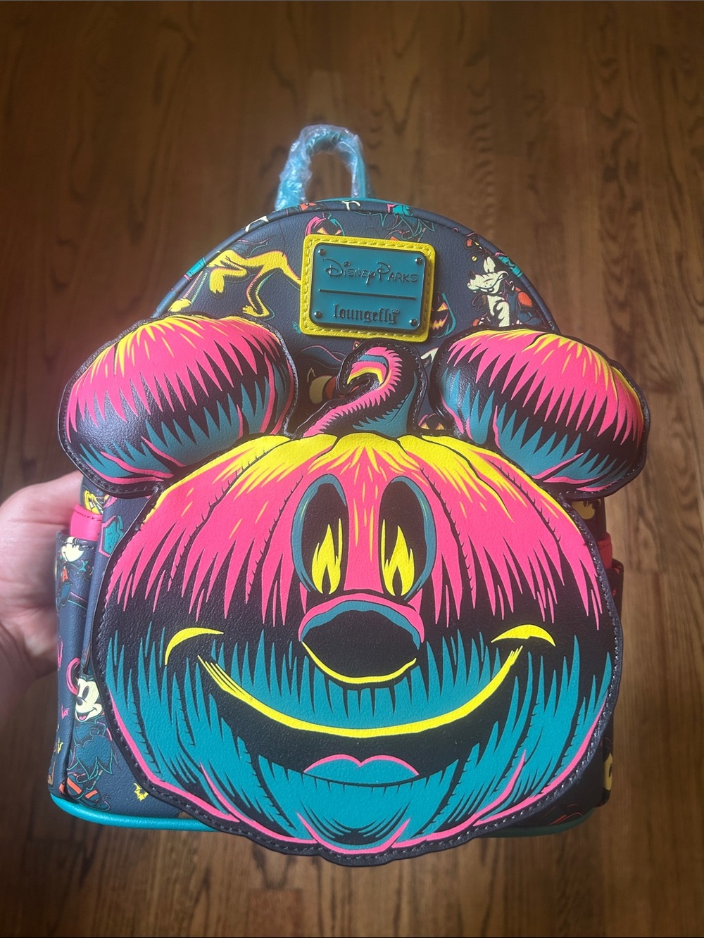 Loungefly Neon Mickey Pumpkin Mini Backpack - Pink, Teal, Yellow, Black